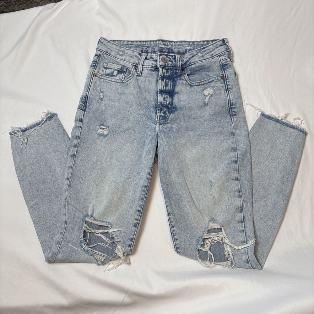 Old Navy High-Rise O.G. Straight Button Fly Jeans Womens 2 Light Wash Distressed